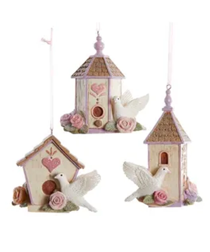 Flower Birdhouse With Dove Ornaments, 3 Assorted