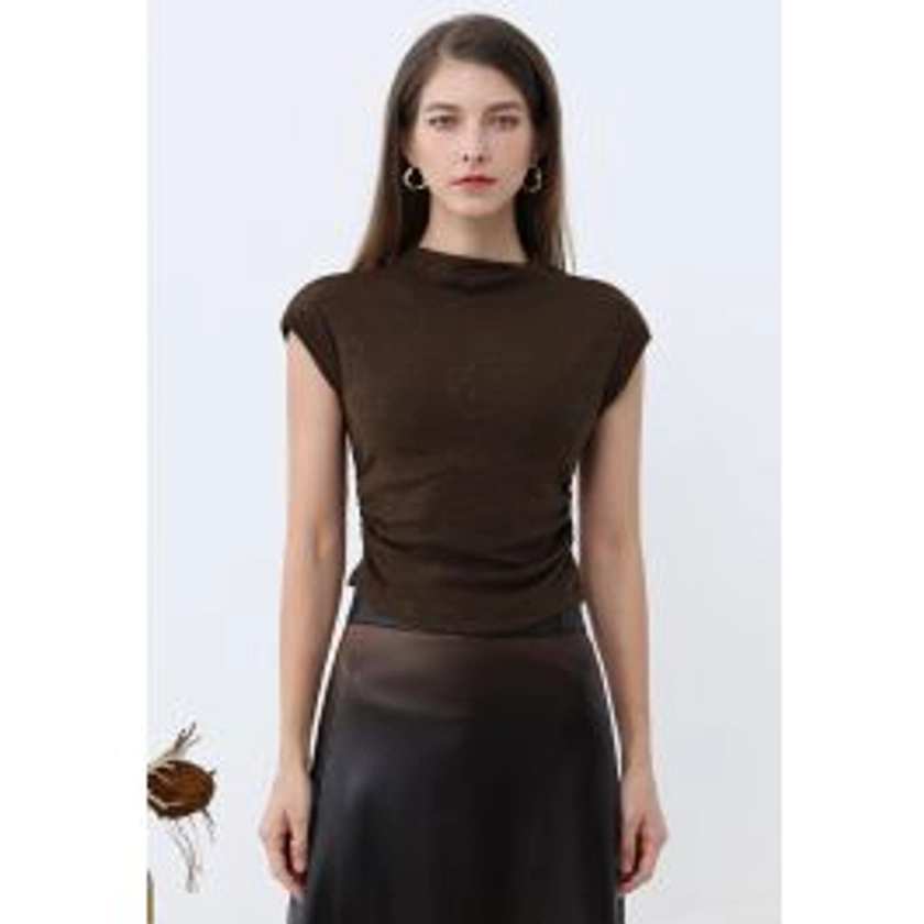 Shimmering Ruched Waist Cap Sleeves Top in Brown