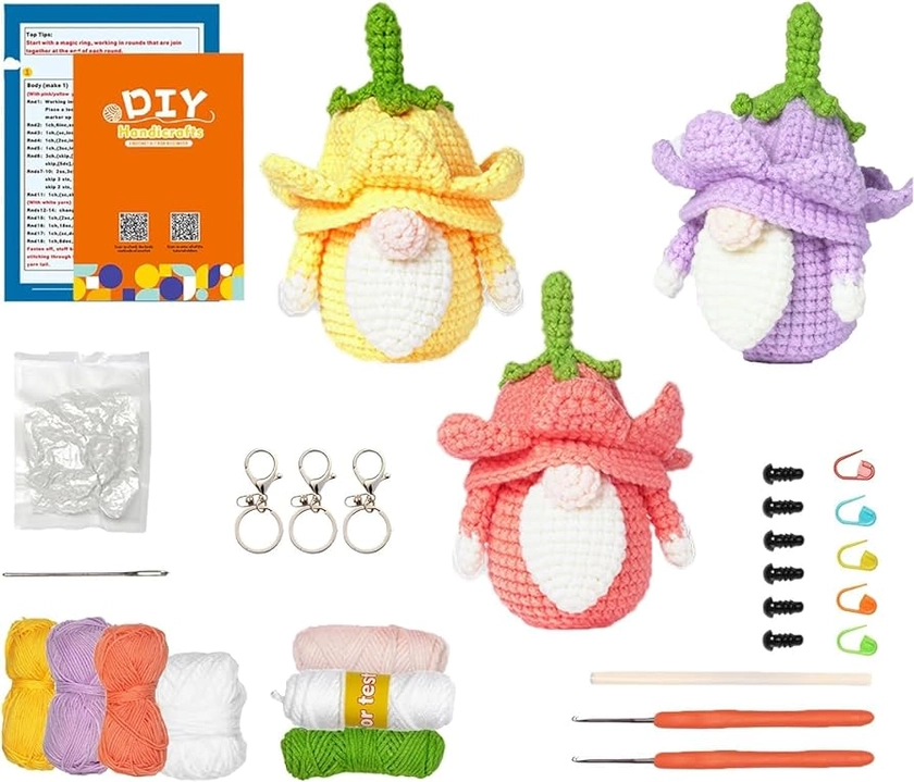 Crochet Kit for Beginners, 3pcs DIY Crochet Starter Kit for Adults, Comes with Step-by-Step Instructions and Video and Enough Handmade Parts, Christmas Crochet Kit Elves (Yellow Purple Pink )