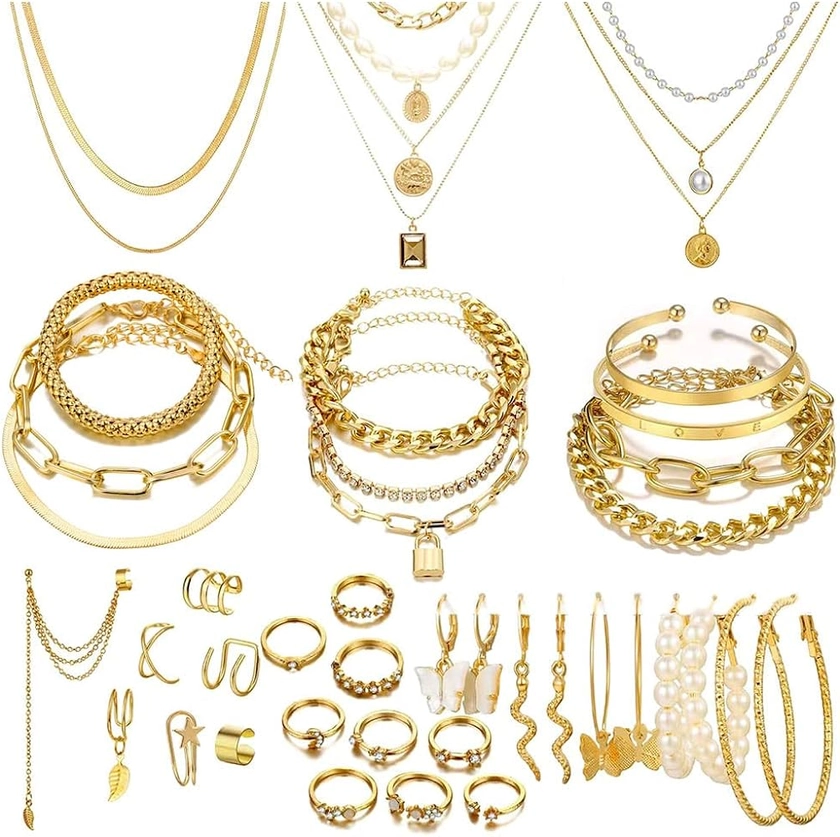 Amazon.com: CONGYING 34 PCS Gold Color Jewelry Set with 3 Necklace, 10 Bracelet, 12PCS Ear Cuffs Earring, 9 Pcs Knuckle Rings For Women Girls Valentine Anniversary: Clothing, Shoes & Jewelry