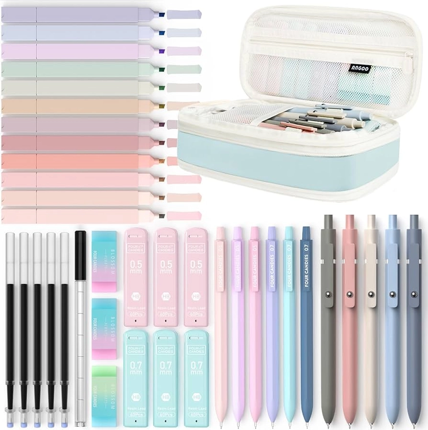 Four Candies 39 PCS Aesthetic School Supplies with Cute Pen Case, 12 Pastel Highlighters, 5 Black Ink Gel Pens, 6 Mechanical Pencils Set 0.5 & 0.7mm for Students Stationary College Essentials (Blue)