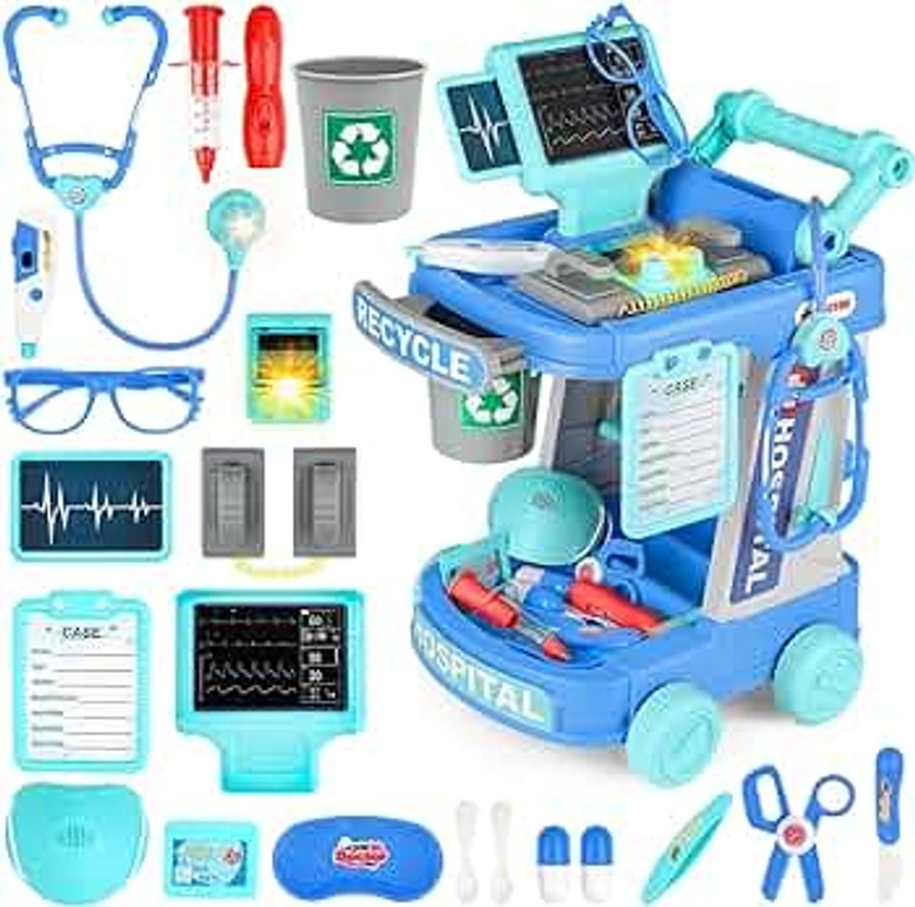 deAO Doctors Trolley Set for Kids, Doctors Playsets for Kids age 3-12, Toys Little Doctors Kids Medical Centre for Girls and Boys, Children Role Play, Birthday (BLUE)