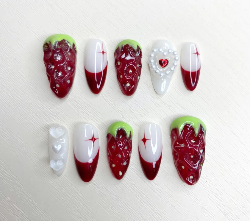 Trendy Strawberry Y2k 3D Gel Press On Nails, Pink Cute Style Design, Custom Nailbox, Wear Nail, Round, Ombre Style Charm , Handmade Gifts