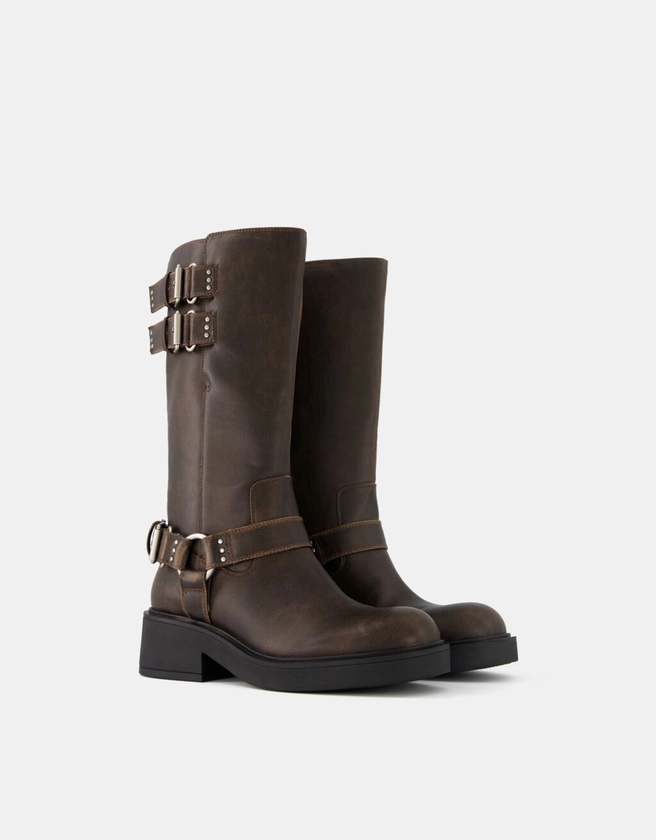 Biker boots with multiple buckles