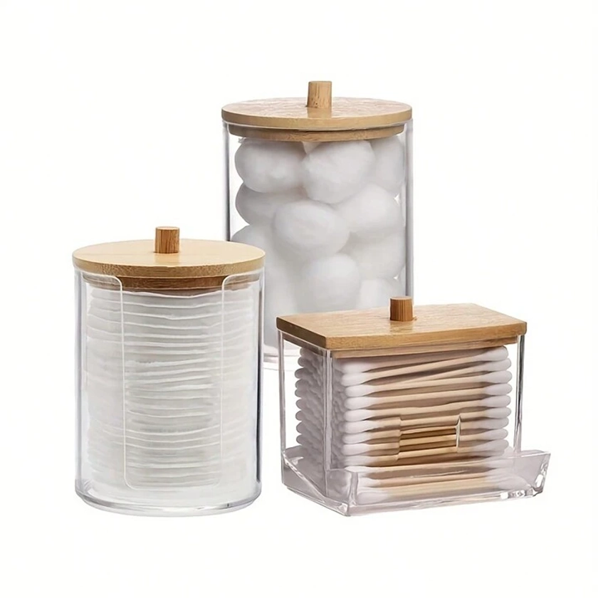 3pcs Cosmetic Swab & Pads Storage Organizer Box With Translucent Bamboo Lid