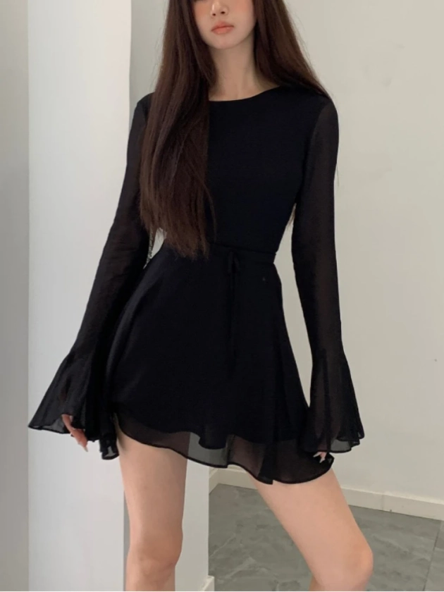 Vestido corto negro ajustado para mujer, prenda elegante y Sexy con espalda descubierta, moda coreana, Otoño, 2023