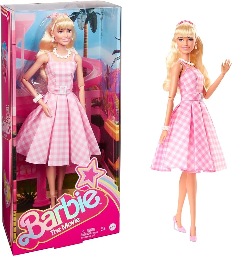 Barbie Le Film Poupée Mannequin Articulée Look Vintage en Robe Vichy Rose Et Blanche, avec Collier De Marguerites, À Collectionner, Jouet Enfant, HPJ96