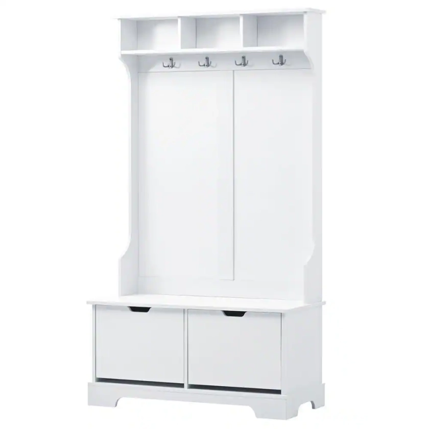 Nestfair White Freestanding Hall Tree with Storage Bench, 2 Flip Shoe Storage Drawers, Shelves and Hooks HTOT0971K - The Home Depot