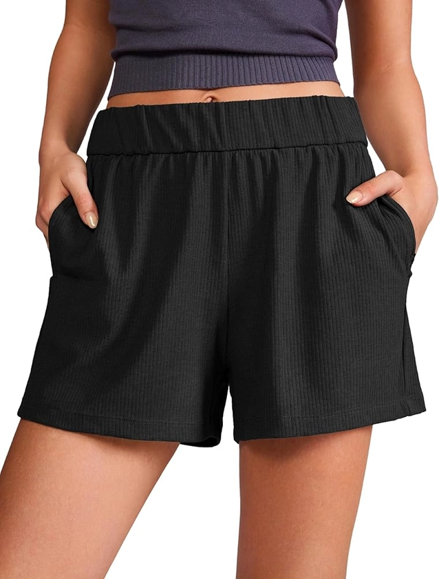 CRZ YOGA Comfy Ribbed Sweat Shorts for Women High Waisted Lyocell Casual Lounge Jersey Athletic Shorts with Pockets