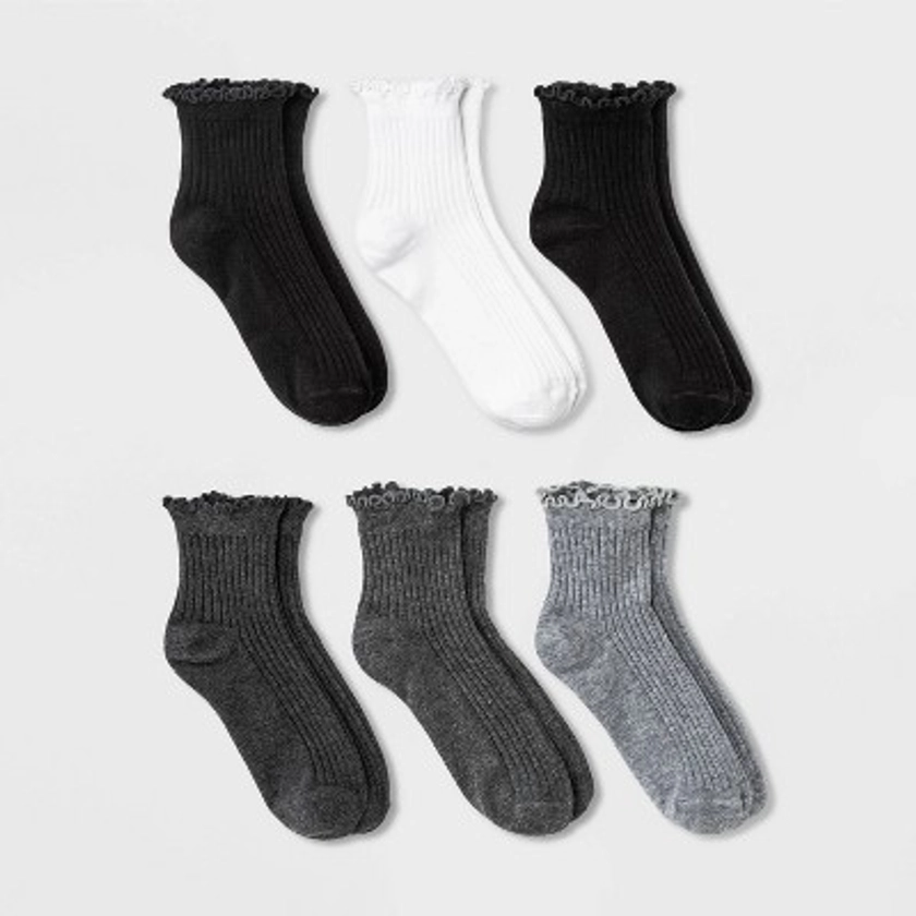 Women's Lettuce Edge 6pk Ankle Socks - A New Day™ Black/White/Gray 4-10