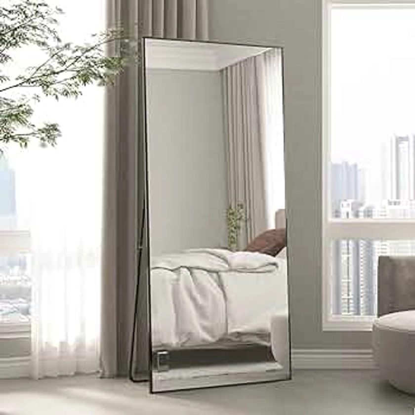 CASSILANDO Full-Length Mirror 65“ × 24 ", Floor Standing Mirror, Unique Vertical Mirror, Black Metal Frame Mirror, Over The Wall Hanging Mirror for Living Room Bedroom Entrance Bathroom