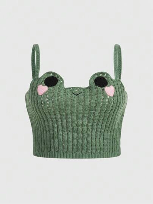 Kawaii Plus Size Summer Crochet Frog Design Cami Knit Top