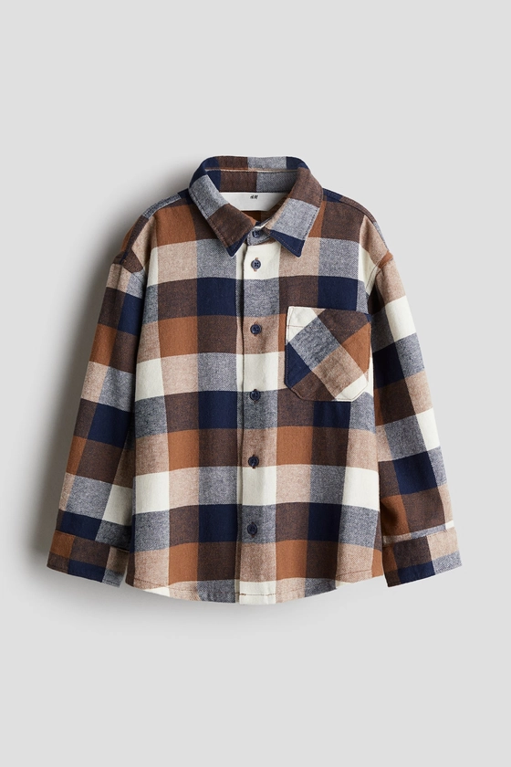 Cotton Flannel Shirt - Long sleeve - Regular length - Brown/plaid - Kids | H&M US