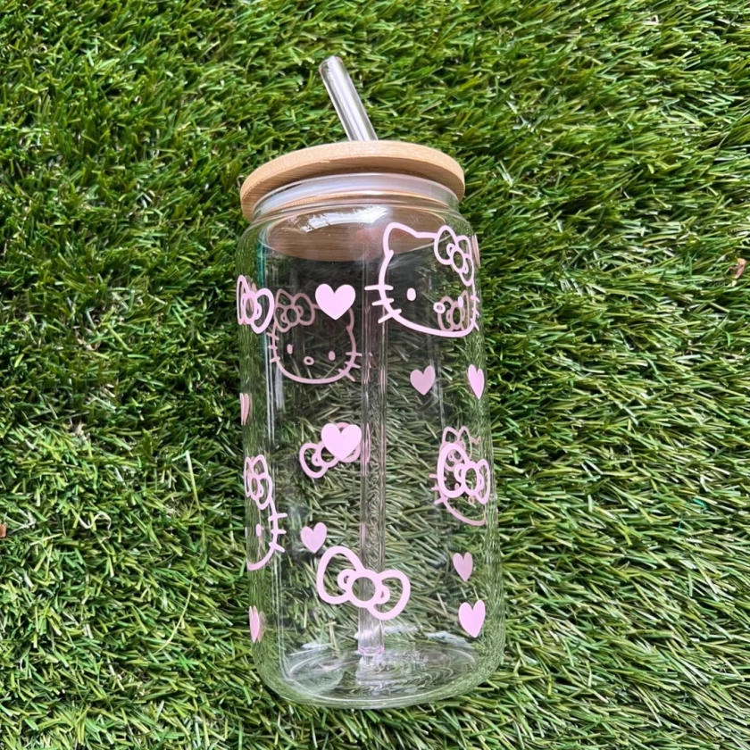 Iced Coffee Glass With Lid | Kawaii Cat Hearts | Kitty Beer Can Glass | Kawaii Glass Can with Lid and Straw | Cute Coffee Cup Gift for her