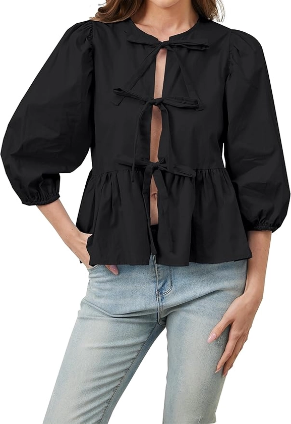 Women's 3/4 Puff Sleeve Shirt Bow Tie Up Split Front Blouse Tops Babydoll Round Neck Peplum Ruffle Hem Going Out Top