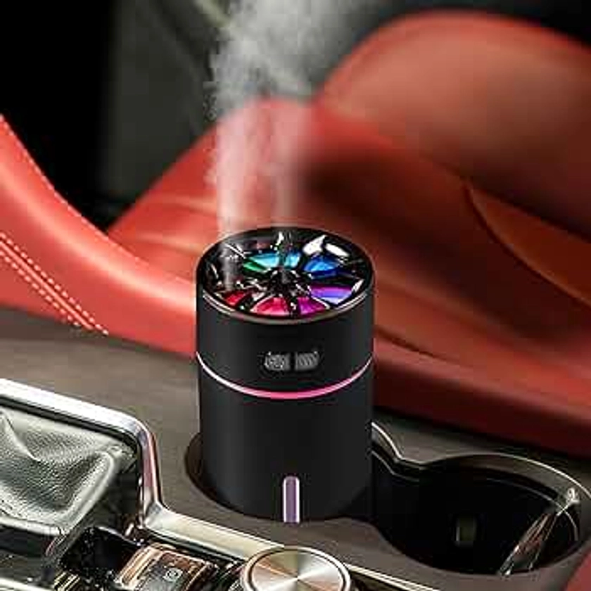 Waterless Car Diffuser for Essential Oils, 300ml Dual Nozzle Battery Powered Humidifier,Smart Car Air Freshener Diffuser with Colorful Lights And Various Spray Modes for Car Office Home (Black)