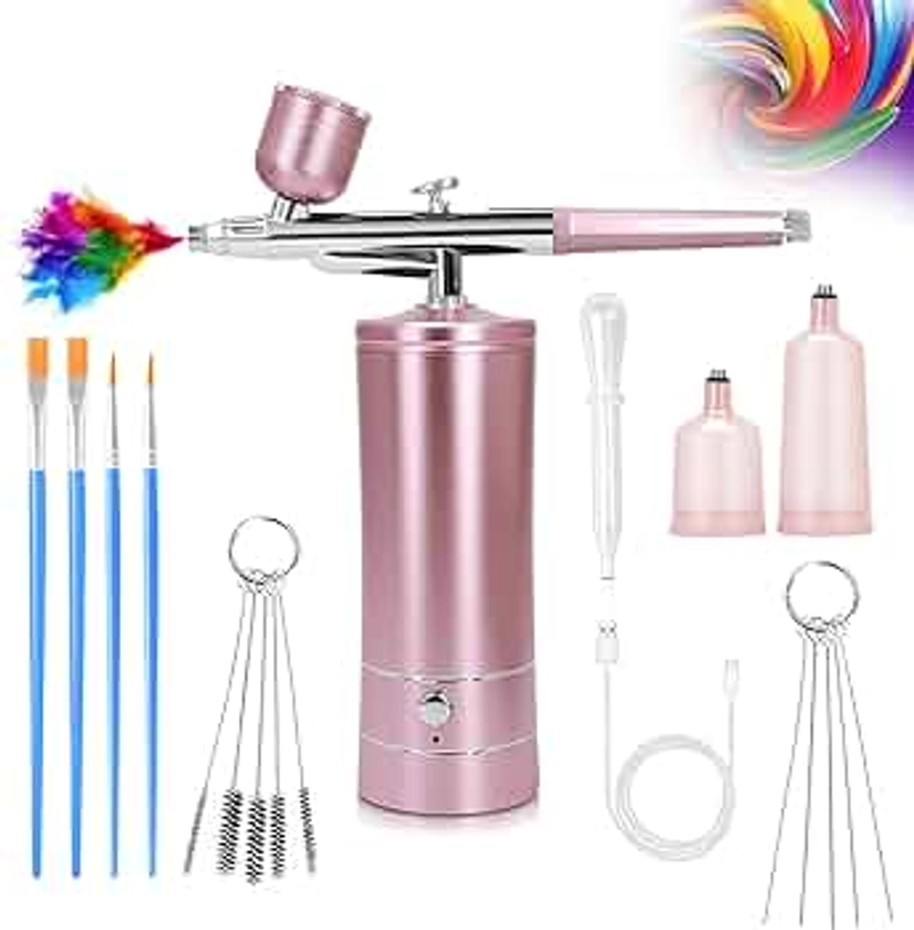 Airbrush-Kit Air Brush Kit With Airbrush Compressor Nail Charms Wireless Air Brush for Barber, Nail Art, Cake Decor, Makeup, Model Painting (Pink)