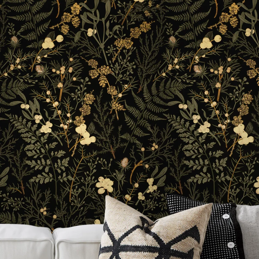 Deep Mossy Forest Wallpaper, Magical Forest Wallpaper. Dark Olive Green, Gold Fusion, Earth Yellow, Iroko and Deep Champagne Color Shades - Etsy Japan