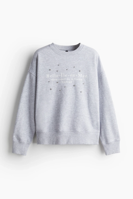 Sweat oversize avec motif - Encolure ronde - Manches longues - Gris clair chiné/strass - FEMME | H&M FR