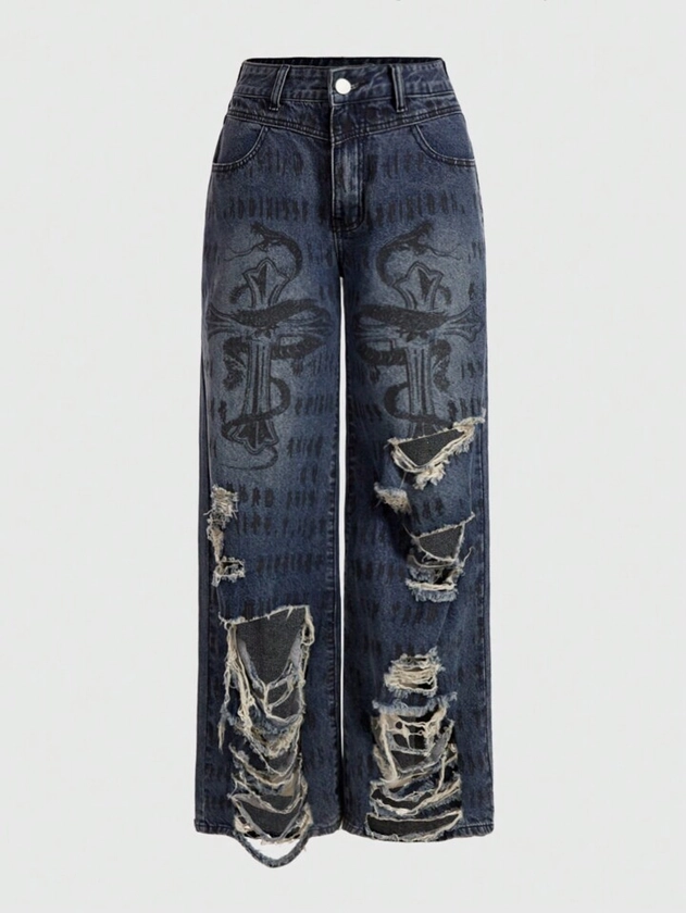 Grunge Punk Distressed Zipper Fly Denim Jeans