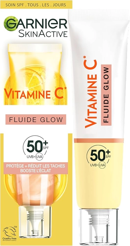 Garnier SkinActive - Fluide Anti-Taches et Anti-UV Quotidien - Glow - SPF 50+ - Protège, Réduit les Taches et Booste l'Éclat - Soin Visage Enrichi en Vitamine C - Tous Types de Peau - 40 ml