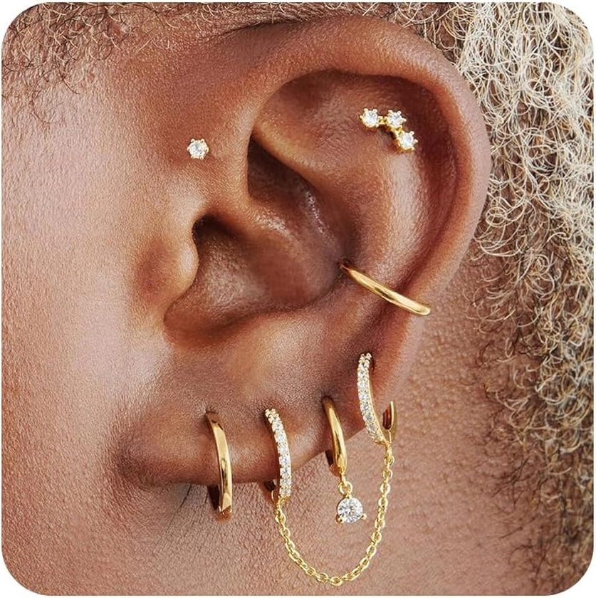 Gold Earrings Set for Women, 14K Gold Plated Stud and Cartilage Earring Sets for Multiple Piercing, Hypoallergenic Stackable Small Gold Huggie Hoop Earrings for Women Jewelry