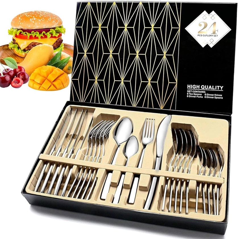 Ménagère de 24 Pièces pour 6 Personnes, Couverts de Table Acier Inoxydable, Ensemble de Couverts avec Couteau, Comprend Couteau, Fourchette, Cuillère, Cuillère à Café, Va Au Lave-Vaisselle : Amazon.fr: Cuisine et Maison