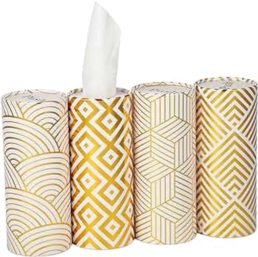 Kosiz 4 Pieces Cylinder Car Tissues Boxes with 3 Ply Facial Tissues Bulk Gold Foil Round Car Tissue Holder Geometry Pattern Travel Tissues Packs for Car Cup Holder Tissue Refill Container Accessories