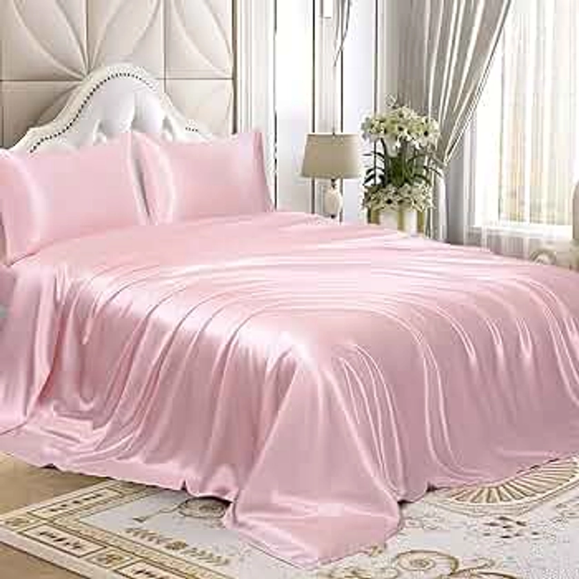 Homiest 4pcs Satin Sheets Set Luxury Silky Satin Bedding Set with Deep Pocket, 1 Fitted Sheet + 1 Flat Sheet + 2 Pillowcases (Full Size, Blush Pink)