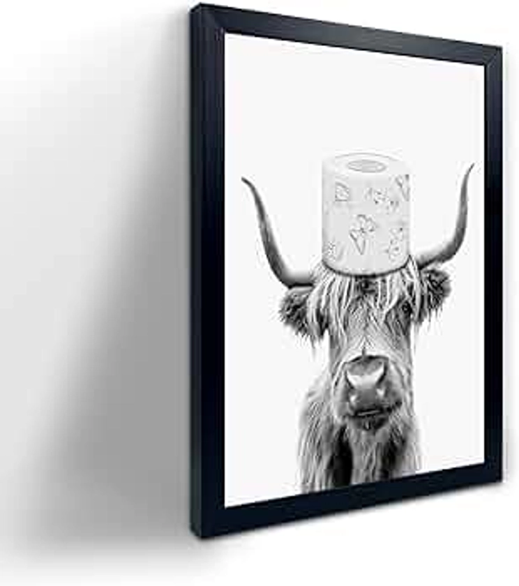 Toilet Paper On Head,Black Framed Funny Animal Prints, Vintage Black and White Rustic Style Cute Bathroom Cow Canvas Art Poster for Bathroom Restroom Decoration, Farmhouse Wall Decor