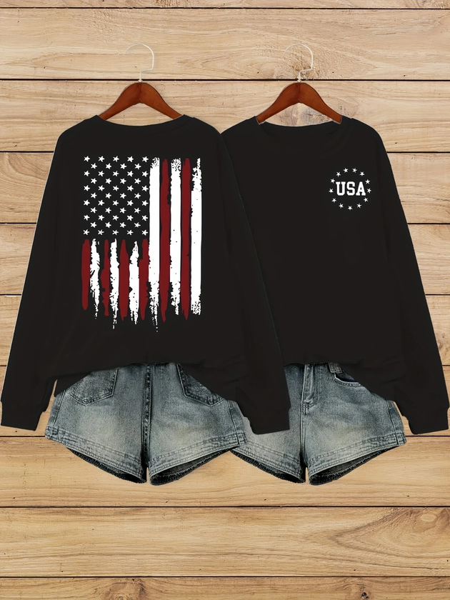 Flag Print Pullover Sweatshirt Casual Long Sleeve Crew Neck - Temu