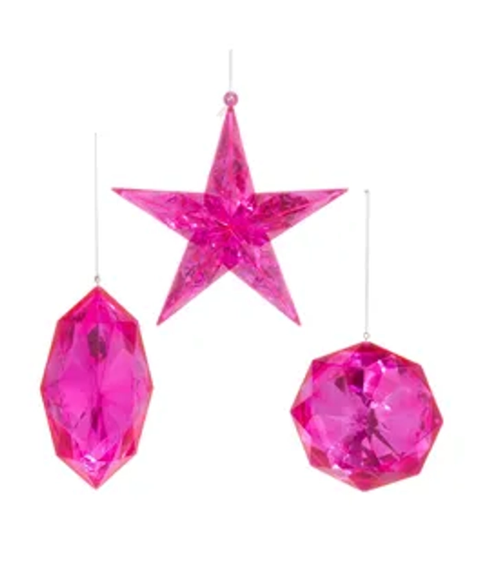 Pink Jewel Diamond & Star Ornaments, 3 Assorted