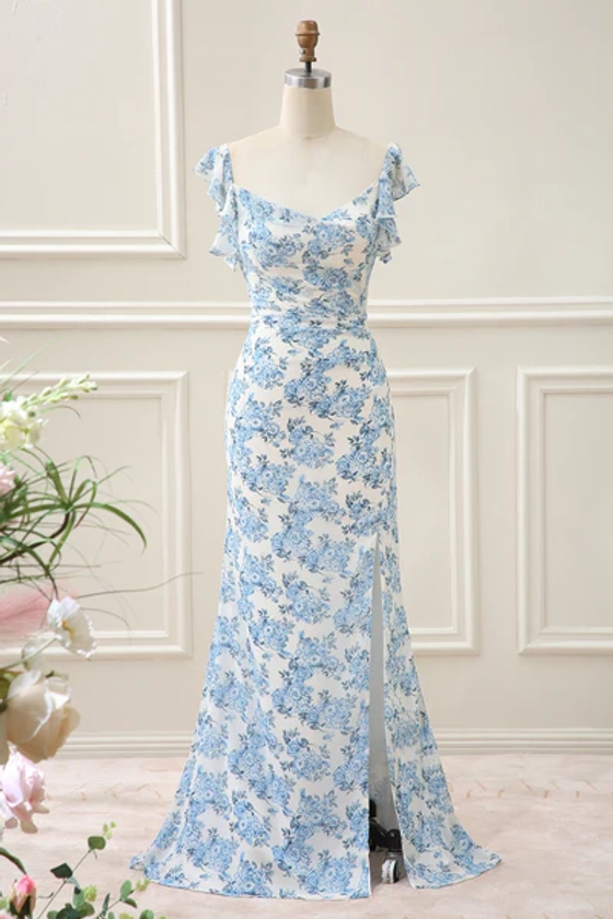 Sheath White Blue Flower Mermaid Maxi Dress with Slit