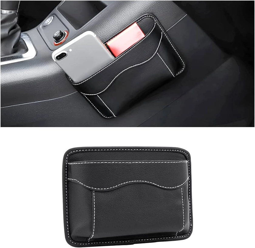 CGEAMDY Organiseur Latéral pour Siège de Voiture, Mini Organiseur en Cuir, Pochette Latérale de Rangement pour Auto, pour Organiser Documents, Dossiers, Téléphone, Clés, Monnaie (Noir)