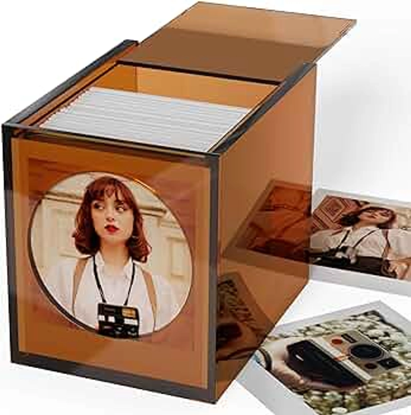 WINKINE Acrylic Polaroid Frame & Photo Storage Box for Polaroid i-Type/600/SX-70 Film, Polaroid Film Picture Frame 4.2’’x3.5’’, Polaroid Film Instax Frame Vintage Box with Sliding Lid, Amber, 1 Pack