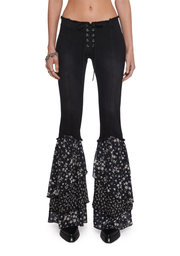 Denim Jeans With Floral Print Flares Current Mood - Black