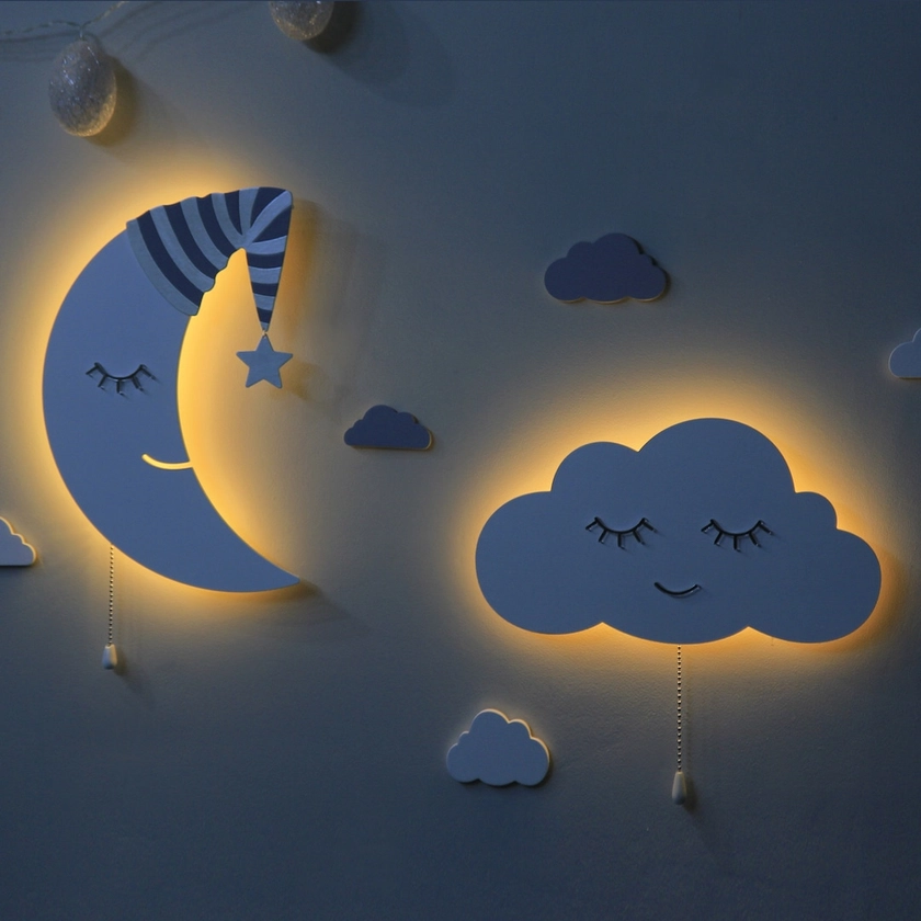 Set of 2 Nursery Wall Light, LED Nursery Lighting, Night Light for Baby Room, 1 Moon & 1 Cloud, Wooden Children Lamp, Kids Bedside Lamp - Etsy