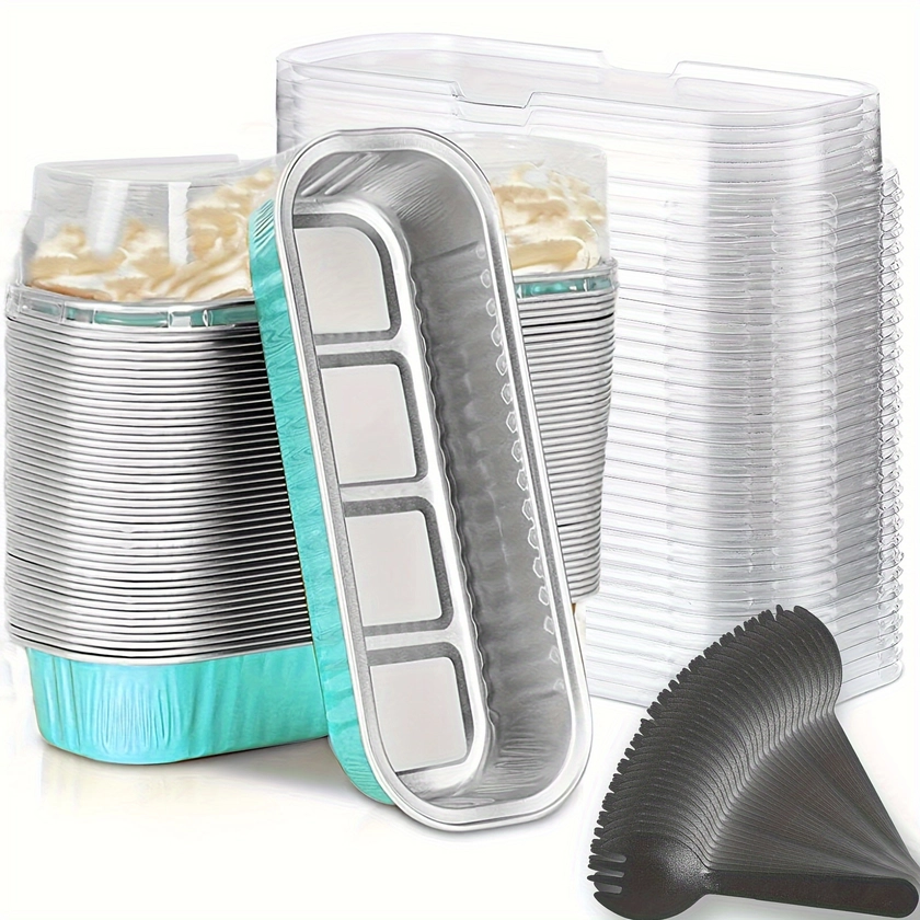 50-Pack Mini Loaf Pans with Lids & Spoons, 6.8oz Disposable Aluminum Baking Cups - Sturdy & Stackable Foil Tins for Cakes, Cupcakes, Creme Brulee, Cheesecake Ramekins