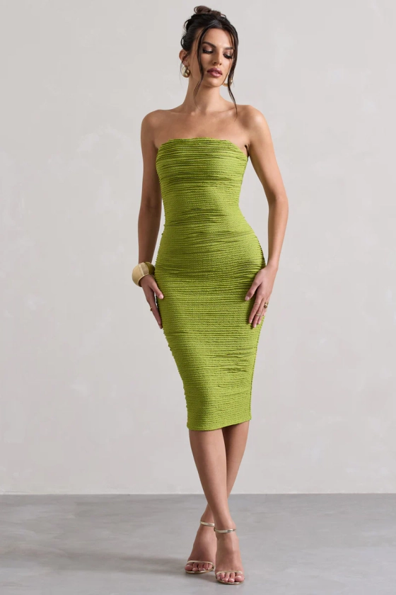 Palau | Olive Green Crochet Bandeau Midi Dress