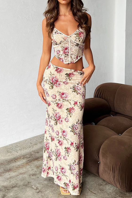 Vacation Cami Corset V Neck Floral Print Crop Top Maxi Skirt Matching Set
