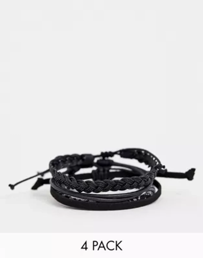 ASOS DESIGN 4 pack leather and woven bracelet in monochrome