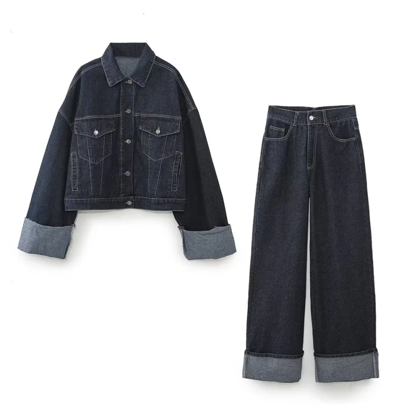 Unizera-Veste en jean décontractée pour femme, manteau à ourlet frisé, ensemble de pantalons, mode, nouveau produit, automne, hiver, 2023
