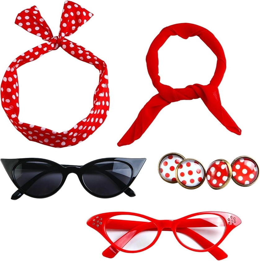 Aneco 6 Pack 50s Set Chiffon Scarf Cat Eye Glasses Bandana Tie Headband Earrings