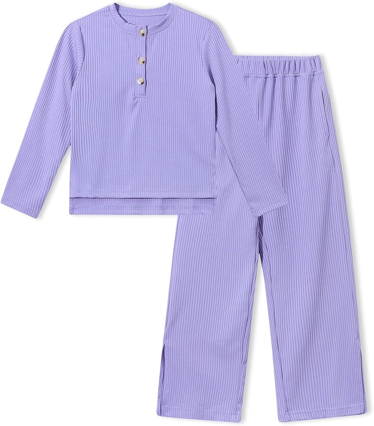 Funnycokid Girls Pajamas Set Solid Color Kids Knit Long Sleeve Pjs 2-Piece Top Slit Pants Sleepwear Size 5-12