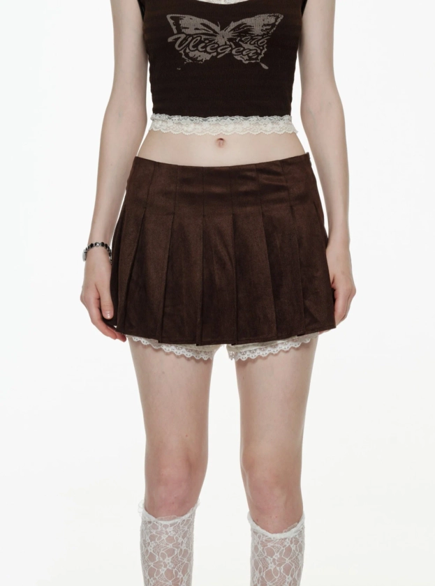 Suede Mini Pleated Skirt With Lace Pettipant