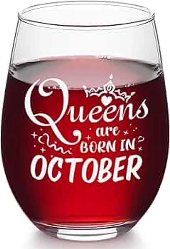 DAZLUTE Birthday Gifts for Women, Queens Are Born in October Wine Glass, Funny October Birthday Gifts for Daughter Mom Her Wife Sister Friend Girlfriend, Libra Scorpio Birthday Gifts for Women, 17oz