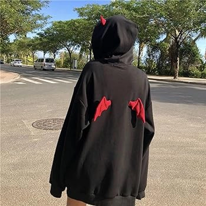 YEMOCILE Women Devil Wing Hooded Sweatshirt Casual Loose Long Sleeve Hoodies Pullover Tops