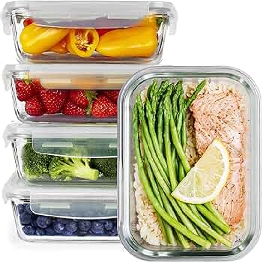 GOOD FOR YOU Glass Meal Prep Containers - [5 Pack] Glass containers with lids - Glass Storage containers with lids - Meal prep Container with lids - Glass Food containers with lids