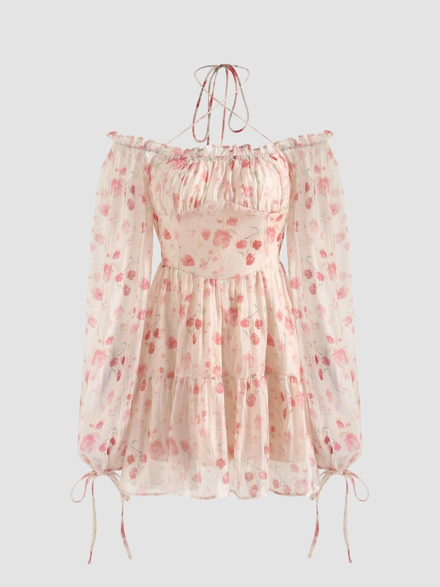 Floral Ruffle Halter Mini Dress - Cider