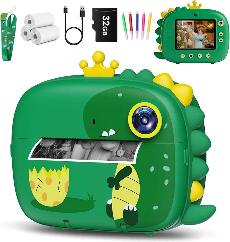 Hangrui Instant Camera for Kids, 2.4 Inch Screen,Dual Lens,20 MP 1080P HD No Ink Dinosaur Kids Instant Print Camera with 3 Rolls Print Paper & 32G Card,5 Color Pens, Best Gift for Girls and Boys